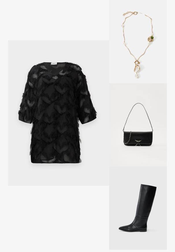 Bluză transparentă neagră cu mâneci trei sferturi, model texturat cu franjuri în zigzag și guler în V, expusă pe un fundal alb.; Cizmă din piele neagră, până la genunchi, cu vârf ascuțit și un design minimalist. Textură netedă și talpă plată, având detalii discrete de cusătură pe lateral.; Geantă de mână din piele neagră cu un lanț din argint, având accente decorative în formă de aripi și cusături albe de-a lungul cusăturii de jos.; Colier din metal auriu, cu verigi răsucite, perle albe și un accent din piatră verde. Prezintă detalii intricate și un sistem de închidere.