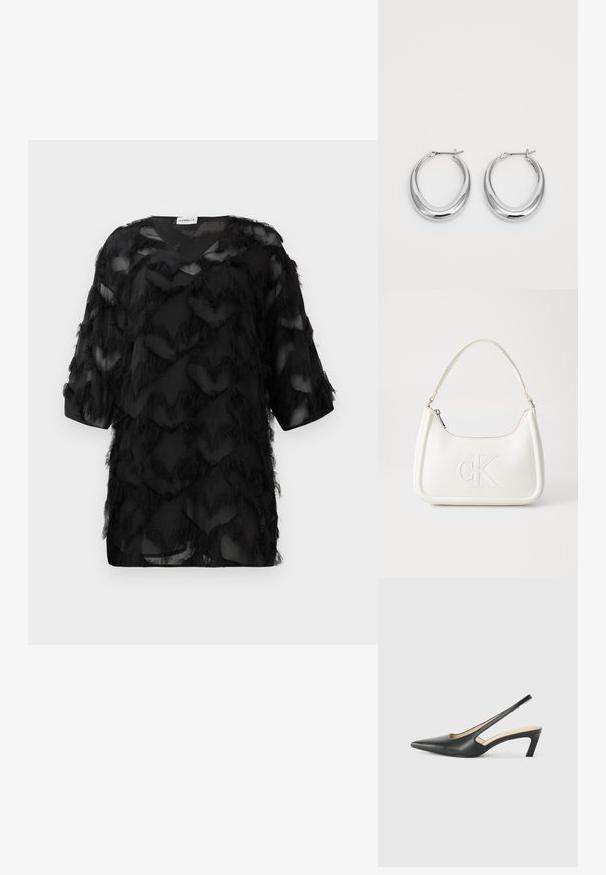 Schwarze transparente Bluse mit drei Viertelärmeln, strukturiertem Zickzack-Fransenmuster und V-Ausschnitt, vor einem weißen Hintergrund präsentiert.; Schwarzer spitz zulaufender Slingback-Schuh mit niedrigem Absatz, der aus glattem Leder gefertigt ist und seitliche Ausschnitte für Atmungsaktivität aufweist.; Weiße Lederhandtasche mit abgerundeter Form, ausgestattet mit einem geprägten "CK"-Logo auf der Vorderseite und einem Einzel-Schultergurt. Reißverschluss oben.; Ein Paar polierte silberne Halbmond-Ohrringe mit Scharnierverschlüssen auf einem weißen Hintergrund.