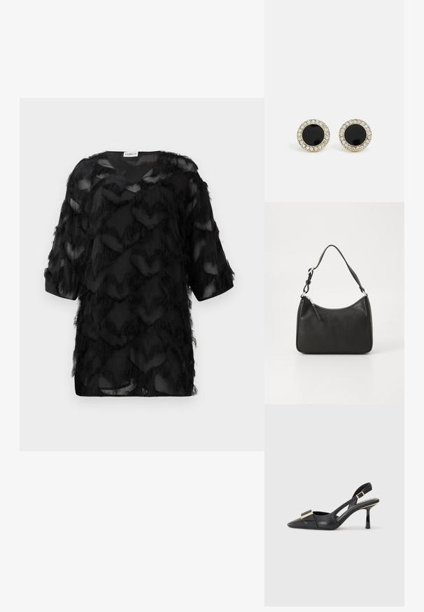 Černá průhledná blůza s tříčtvrtečními rukávy, texturovaným zigzagovým třásňovým vzorem a límcem do tvaru V, vyobrazena na bílém pozadí.; Černá kožená slingback obuv s špičatou špičkou, štíhlým podpatkem a akcenty zlaté barvy na vředu. Hladká textura a strukturovaný design.; Černá kožená kabelka s zakřiveným tvarem, s jedním popruhem, zipovým uzávěrem a decentním logem na přední straně. Hladká textura, minimalistický design.; DKNY INLAY STUD - Náušnice - black/gold-coloured