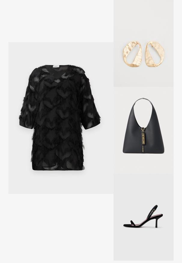 Blusa negra transparente con mangas tres cuartos, patrón de flecos en zigzag texturizado y cuello en V, mostrada sobre un fondo blanco.; Sandalia de tacón alto de gamuza negra para mujer, con tiras finas y una hebilla dorada, sobre un fondo blanco, vista lateral.; Bolso de hombro de cuero negro con una correa ancha, herrajes dorados y dos etiquetas colgantes grabadas con "LOVE MOSCHINO" en letras doradas.; Un par de pendientes de metal dorado en forma de óvalo irregular con una superficie texturizada y ligeramente martillada sobre un fondo blanco.