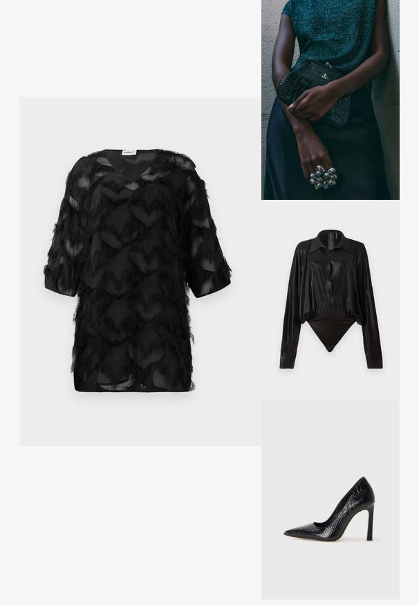 Černá průhledná blůza s tříčtvrtečními rukávy, texturovaným zigzagovým třásňovým vzorem a límcem do tvaru V, vyobrazena na bílém pozadí.; Černý body s dlouhými rukávy, výstřihem do V a přiléhavým střihem. Vyrobeno z lesklého, hladkého materiálu se strukturovaným límcem a manžetami.; Černý lodičkový bot s špičatou špičkou, pokrytý texturou krokodýlí kůže, s elegantním designem, vysokým stiletto podpatkem a hladkým černým interiérem.; Černá kabelka ve tvaru psaníčka s krokodýlím vzorem a stříbrným kováním, držena proti texturovanému šedému pozadí. Vyznačuje se lesklým povrchem.