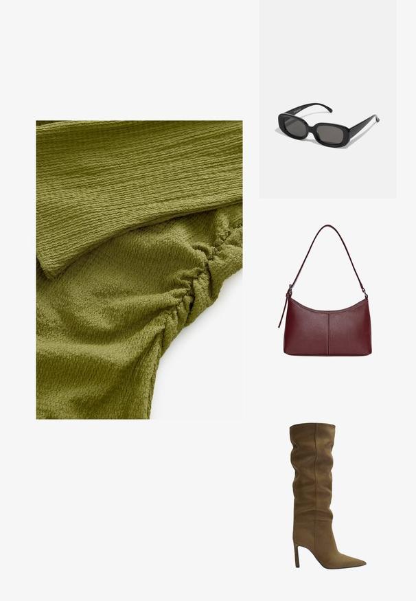 Kangas oliivinvihreä, jossa on aaltoileva kuvio ja rypytetty yksityiskohta. Pehmeä ja hieman joustava, sopii monikäyttöisiin vaatteisiin.; Knee-high saapas oliivi vihreä mokka, jossa on terävä kärki, löysä yläosa ja stiletto-korko, jossa on näkyviä ompeluyksityiskohtia.; Mustat suorakulmaiset aurinkolasit tummilla linsseillä. Paksu muovikehys, sileä pinta ja pyöristetyt reunat. Tyylikkäät templet ulottuvat ulospäin.; Maroon-värinen nahkalaukku, jossa on kaareva muoto, yksi olkahihna ja keskellä ommeltu yksityiskohta. Sileä pinta, minimaalinen varustelu.