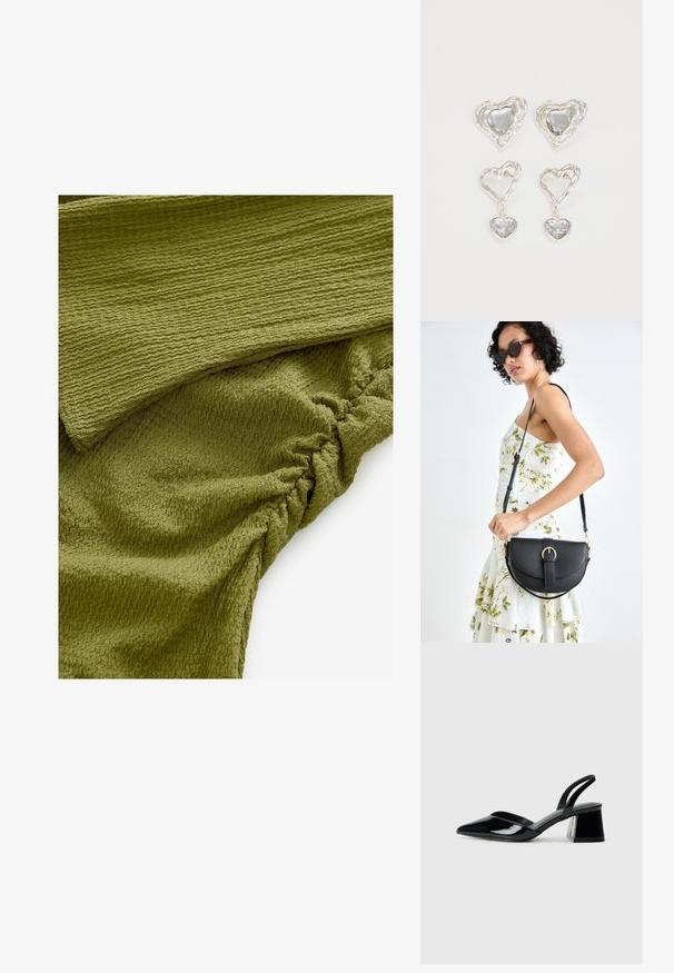 Tekstureeritud oliivroheline kangas, millel on laineline muster ja kogutud detail. Pehme ja kerge elastne, sobib mitmekesiste rõivaste jaoks.; Mustad musta lakknahk kingad, millel on terav varvas ja geomeetriline plokkkonts. Omab elegantselt minimalistlikku disaini ja sujuvat tekstuuri.; Mustmust mustraha kõverate joontega, eemaldatava rihmaga ja kuldsete detailidega. Kotil on klapp, millel on pandladetail.; Hõbedased südamekujulised kõrvarõngad on kaunistatud lõhikute ja selgete kividega ning neil on tekstureeritud raam. Komplekti kuuluvad kõrvarõngad nupud ja rippuvad mudelid.