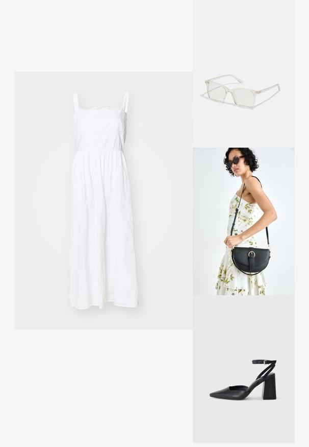 Valge puuvillane kleit, millel on reguleeritavad spagetirihmad, silmadega pitsdetail kaeluses ning voolav, kogutud seelik.; Mustmustest must-käigukingad, millel on konksuga nöör ja paks konts. Ühtlane tekstuur, stiilne disain ja minimalistlik esteetika.; Selge plastmassist ruudukujulised prilliraamid koos läbipaistvate läätsedega, millel on kuldsed aktsendid templitel, et lisada detaile.; Mustmust mustraha kõverate joontega, eemaldatava rihmaga ja kuldsete detailidega. Kotil on klapp, millel on pandladetail.