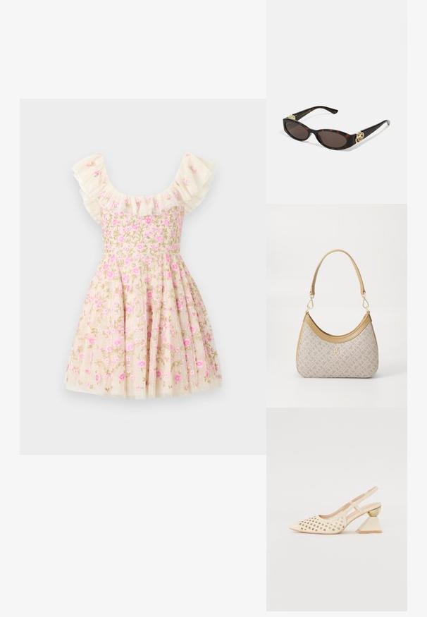 Vestido bordado floral en color crema, con mangas rizadas, flores rosas y una falda acampanada. Fabricado con una tela ligera.; Zapato slingback beige con parte superior perforada, punta afilada y un tacón triangular en contraste que presenta un acento dorado. Textura lisa en general.; Gafas de sol carey con lentes ovalados alargados, tintado marrón, acentos de logo dorado en las patillas y brazos negros elegantes.; Bolso de mano beige con un patrón y forma curva, acentos de cuero y un logo tono dorado en la parte frontal. Cuenta con un asa corta para un fácil transporte.