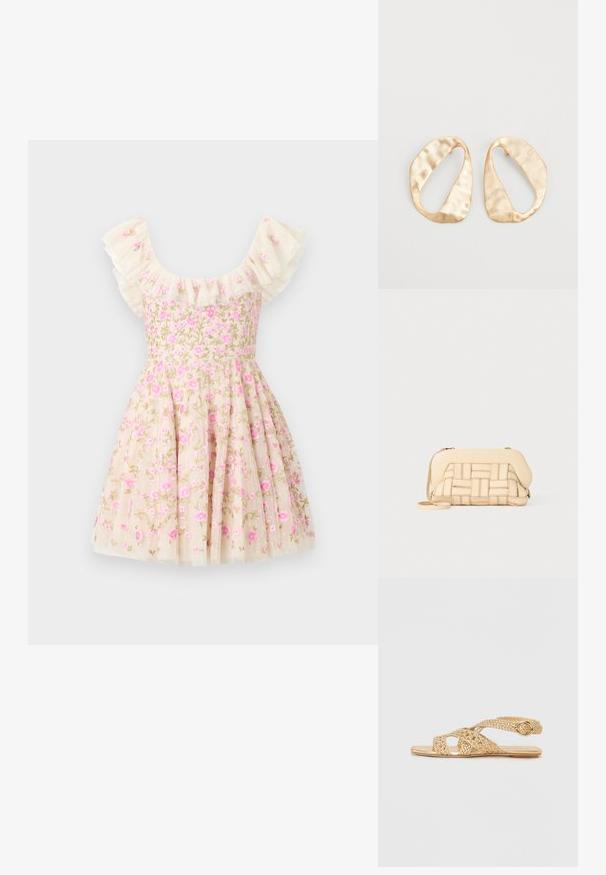 Kreemi värvi lilledega tikitud kleit, millel on volangkäised, roosad lilled ja laienev seelik. Valmistatud kergest kangast.; Stuart Weitzman THEA - Sandaalit nilkkaremmillä - golden; Kudottu beige käsilaukku, jonka rakenne on selkeä. Laukussa on sileä päälliosa ja pitkä hihna. Kankaan viimeistely parantaa kokonaisilmettä.; Pari epämuodostuneita soikeita kultasävyisiä metallikorvakoruja, joissa on teksturoitu, hieman hakattu pinta valkoista taustaa vasten.