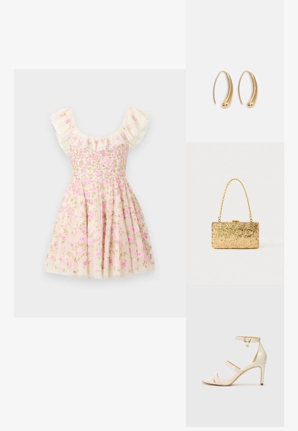 Kremna obleka z rožnim vezenjem, ki vključuje nabran rokav, roza cvetje in razširjen krilo. Narejena iz lahkega materiala.; Bež čevlji na visoki peti s tankim trakcem okrog gležnja in dvema zgornjima trakoma. Sijajna lakirana površina in zlat detajl na trakcu okrog gležnja.; Zlata torbica s pomičnim šalom v pravokotni obliki, z zasukano verižico in kovinskim zapiranjem, ki odseva svetlobo z teksturirano površino.; Zlato-tonirani kovinski uhani v obliki obroča s krivuljo in podolgovato obliko. Imajo gladko, sijočo površino in zaobljen vrh za dodaten detajl.