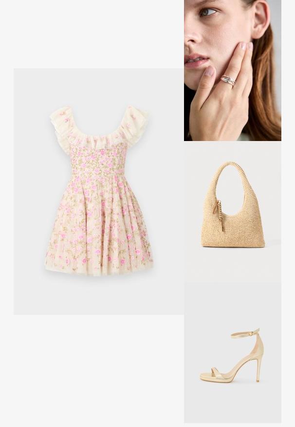 Ziedu izšūta kleita krēmkrāsā ar viļņainām piedurknēm, rozā ziediem un izplestu svārku. Izgatavota no viegla auduma.; Zelta metāla augstpapēžu sandales ar atvērtu purngalu, potītes siksniņu ar sprādzi un platformas zoli papildu augstumam. Gluda tekstūra.; Auduma bēšs rokassomu ar izliekto rociņu, strukturētu virsmu un brūna pušķa detaļu. Iespējama vaļīga, hobo forma.; Sudraba gredzens ar savijas dizainu, kurā ir gludas un teksturētas daļas. Valkāts uz rokas, kas pieskaras sejai, izceļot niansēto meistarību.