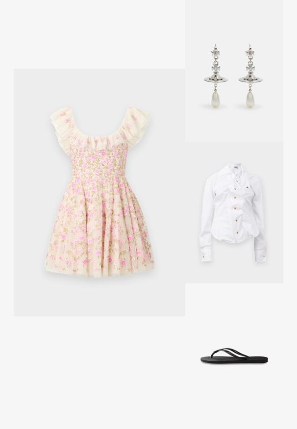 Kremna obleka z rožnim vezenjem, ki vključuje nabran rokav, roza cvetje in razširjen krilo. Narejena iz lahkega materiala.; Bela srajca z dolgimi rokavi in prirezano obliko. Ima velik ovratnik, sprednje zapiranje na gumbe v rjavi barvi in majhen izvezen logotip.; Črne natikače z teksturirano gumijasto podlogo, dvema ozkima trakoma in subtilnim, vtisnjenim logom na traku.; Srebrni uhani z okroglo zanko, okrašeni s sijočimi kamni in kapljičasto biserno obeskom. Oznaka svojstvene zasnove z zapletenimi detajli.