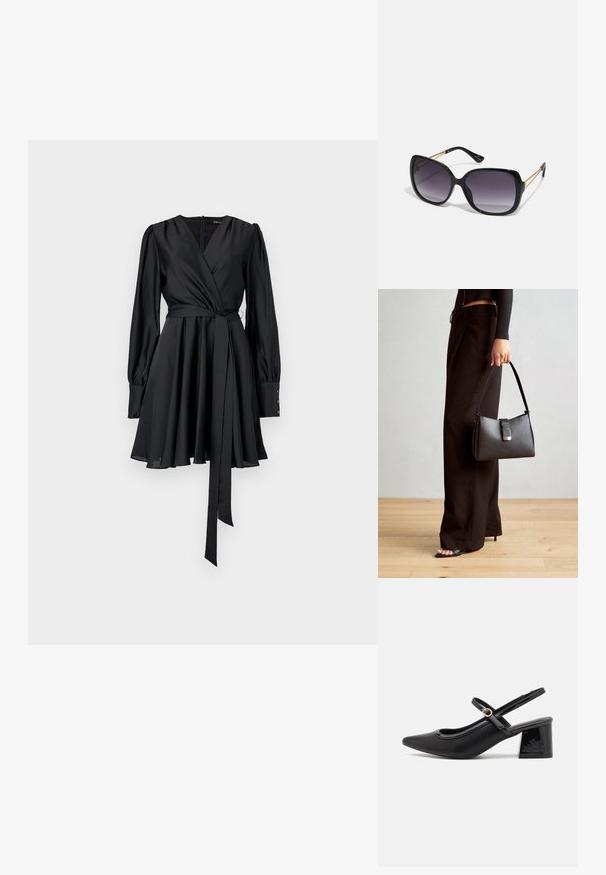 Melnā apģērbā ar garām piedurknēm, mīksta satinēta tekstūra, pieguļošs korpuss, izplestā svārku daļa un atbilstoša saistoša josta. Pogas akcenti uz piedurknēm.; Melns patentēts ādas sandales ar norādīta pirksta formu, noapaļotu izgriezuma dizainu un bloķētu papēdi. Iezīmēta ar zelta toņa sprādzi.; Melni pārmērīgi lieli saulesbrilles ar gradāciju lēcām, biezām rāmja malām un zeltainas krāsas ķēžu detaļām uz tempļiem.; Melnā somiņa ar strukturētu formu, gludu tekstūru un metālu sprādzi. Saskaņota ar platām melnām biksēm un sandālēm ar atvērtu purngalu uz koka grīdas.