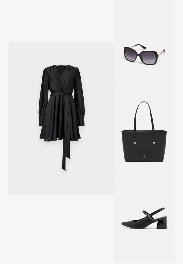 Juoda apykaklė su ilgomis rankovėmis, minkšta satino tekstūra, prigludusi liemuo, plačios sijono klostės ir suderinta juostos raištis. Sagčių akcentai ant rankovių.; Juodi patentinio odos slingback aukštakulniai su smailiu pirštu, apvaliu išpjovimu ir blokiniu kulnu. Papuošti auksiniu juostos akcentu.; Juodos didelės saulės akinių su pereinamais objektyvais, storomis rėmeliais ir auksinės spalvos grandinėmis ant šventyklų.; Juodas sintetinio pluošto rankinis krepšys, turintis paprastą stačiakampį dizainą, auksines kvadratines detales ir dvi rankenas.