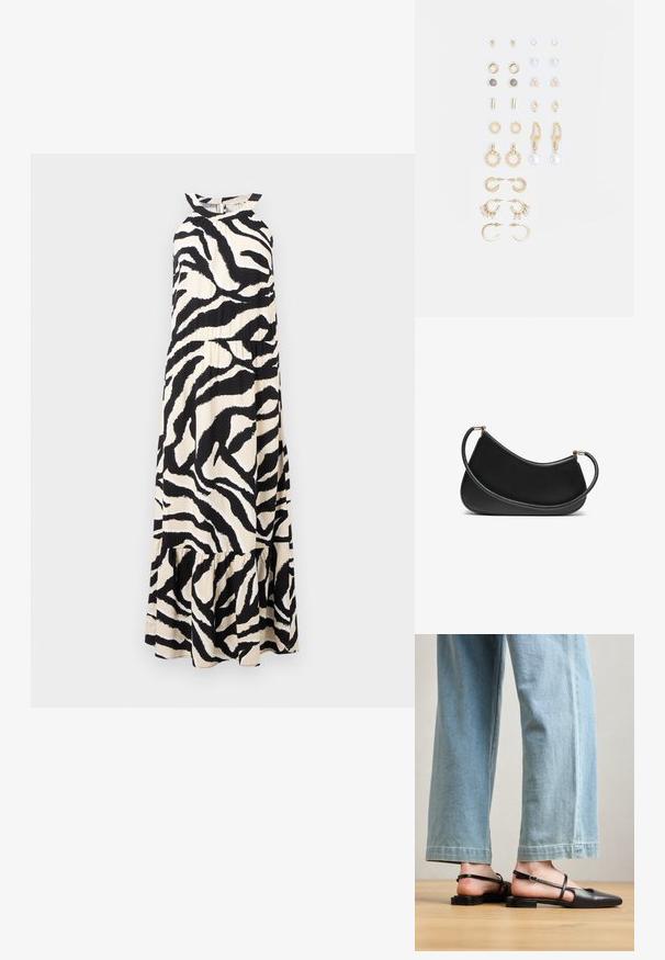 Dlhé šaty s halter-neck strihom z ľahkého materiálu, ktoré majú čierno-krémový zebrový pruhovaný vzor a vrstvený volánový lem.; Čierne kožené sandále na opätku s špicatou špičkou, plochým podpätkom a remienkom okolo členka; nosené s svetlomodrými voľnými džínsami.; Čierna kožená taška cez rameno s zakriveným dizajnom, s textúrovaným popruhom a zlatými prvkami na hornej priehradke. Hladký povrch.; Súprava náušníc v zlatom odtieni obsahujúca rôzne dizajny, vrátane puzetových, kruhových a visiacich kúskov s perlami a rhinestones.