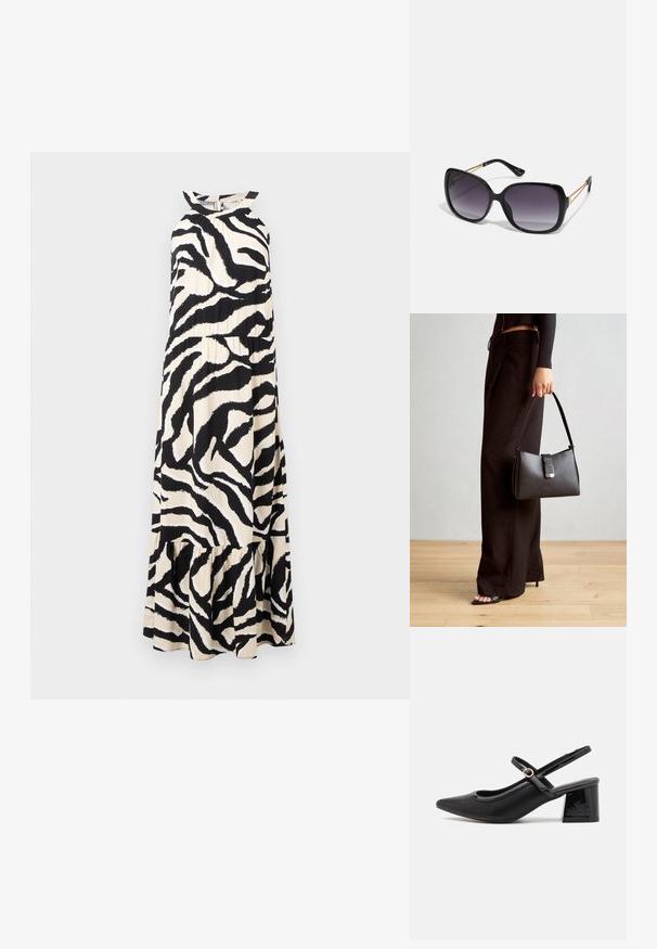 Gara halter-neck kleita vieglā audumā ar melnā un krēmkrāsas zebras svītru rakstu un ar kārtotu volānu apakšdaļu.; Melns patentēts ādas sandales ar norādīta pirksta formu, noapaļotu izgriezuma dizainu un bloķētu papēdi. Iezīmēta ar zelta toņa sprādzi.; Melni pārmērīgi lieli saulesbrilles ar gradāciju lēcām, biezām rāmja malām un zeltainas krāsas ķēžu detaļām uz tempļiem.; Melnā somiņa ar strukturētu formu, gludu tekstūru un metālu sprādzi. Saskaņota ar platām melnām biksēm un sandālēm ar atvērtu purngalu uz koka grīdas.