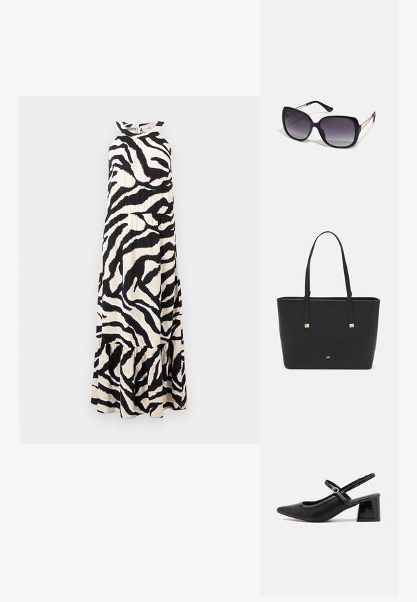 Ilgas halter tipo suknelė iš lengvos medžiagos, pasižyminti juodai kremine zebro rašto tekstūra ir daugiasluoksniu suknelės kraštu.; Juodi patentinio odos slingback aukštakulniai su smailiu pirštu, apvaliu išpjovimu ir blokiniu kulnu. Papuošti auksiniu juostos akcentu.; Juodos didelės saulės akinių su pereinamais objektyvais, storomis rėmeliais ir auksinės spalvos grandinėmis ant šventyklų.; Juodas sintetinio pluošto rankinis krepšys, turintis paprastą stačiakampį dizainą, auksines kvadratines detales ir dvi rankenas.