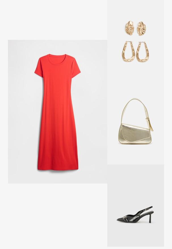 Crvena haljina kratkih rukava, do koljena, izrađena od glatkog materijala s okruglim izrezom i opuštenim krojem. Jednostavan dizajn u jednobojnoj izvedbi.; Crna lakirana slingback cipela s izduženim vrhom, remenčićima oko gležnja s srebrnim kopčama i dijelovima, te vitkim potplatom.; Zlatna metalna torba s uređenim dizajnom, glatkom teksturom i podesivim remenom. Ima jedinstven trokutasti oblik i minimalističko šivanje.; Naušnice zlatne boje s teksturiranim, valovitim oblicima. Uključuju skulpturalne kopče i dizajn otvorene kružnice s kovanom završnom obradom.