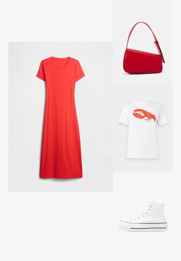 Raudona, trumpomis rankovėmis, iki kelių siekianti suknelė iš lygaus audinio, su apvalia iškirpte ir laisvu siluetu. Paprastas, vientisos spalvos dizainas.; Balta medvilnė marškinėliai su dideliu, ryškiu raudonu omaru grafiku priekyje. Trumpomis rankovėmis ir standartiniu apvaliu kaklu.; Balti aukštakulniai drobės sportbačiai su juodu guminio pado, priekinio guminio piršto dangteliu ir šešiais akytėmis raištams, pasižymintys švariu, minimalistiniu dizainu.; Raudona odinė rankinė su kampuota, geometrine forma. Pasižymi viena reguliuojama dirželiu ir dangteliu su siuvinėtais dekoracijomis.