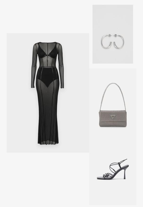 Juodas tinklinis suknelė su ilgomis rankovėmis ir prigludusia liemene. Yra permatomos detalės ir auskarų akcentai siūlėse, aukštos suknelės ilgis.; Juodos aukštakulnės sandalai pasižymi plonyčiais dirželiais su mazgo dizainu, lygiu kvadratiniu pirštu ir elegantišku stiletto kulnu.; Šviesiai pilka metalinė rankinė su grandinėlės dirželiu, papuošta mažais apvaliais metaliniais smeigėmis ir trikampiu prekės ženklu.; Sidabrinės auskarai žiedai su lygiu, blizgiu paviršiumi. Suapvalinta forma, lengvas dizainas, su uždarymu ant smeigtuko.