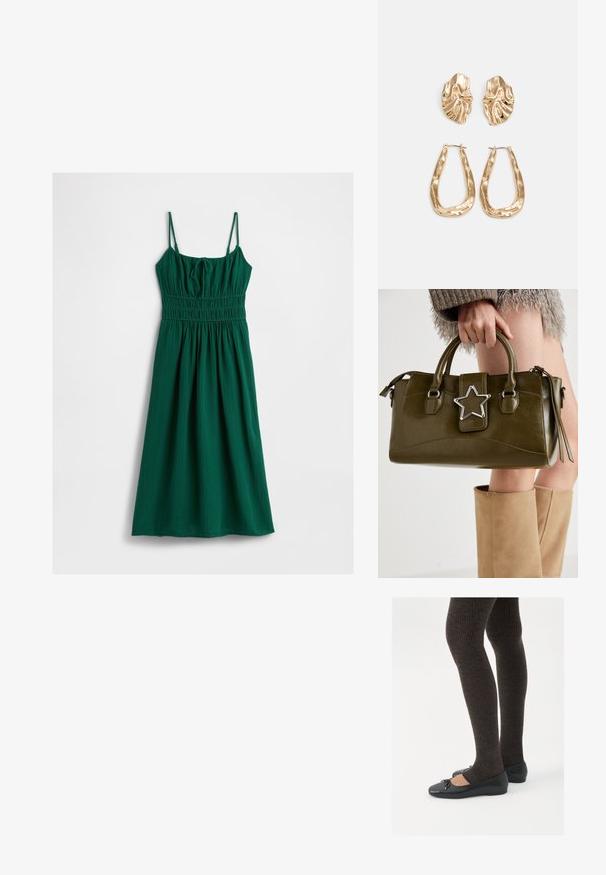 Zelena haljina od teksturirane tkanine, s podesivim tankim naramenicama i nabranim korzetom, prelazi u suknju s nabranošću.; Crne ravne cipele s malim mašnom na vrhu prstiju, uparene s tamnosmešnim rebrovanim čarapama. Cipele imaju glatku teksturu i nizak profil.; Maslinasto zelena torba od umjetne kože s srebrnim zvijezdastim detaljem, dvostrukim ručkama i zatvaranjem na munje. Teksturirana površina i strukturirani oblik.; Naušnice zlatne boje s teksturiranim, valovitim oblicima. Uključuju skulpturalne kopče i dizajn otvorene kružnice s kovanom završnom obradom.