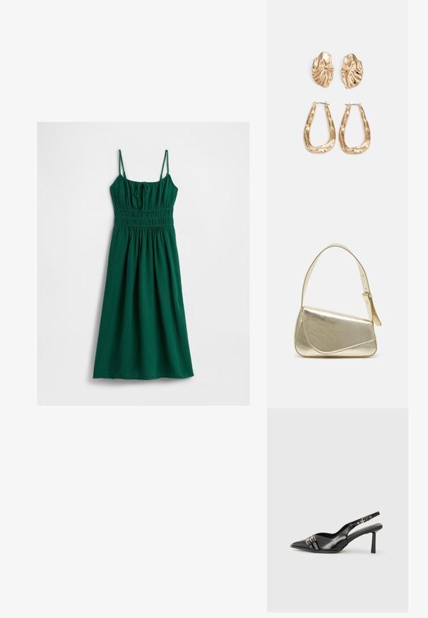 Žalia suknelė, pagaminta iš faktūrinio audinio, su reguliuojamomis spaghetti petnešėlėmis ir smulkiai rauktuku pastiprinta krūtine, pereinančia į susiraukšlėjusią sijoną.; Juodas lakuotas odinis batelis su smailiu pirštu, kulkšnies dirželiais su sidabrinėmis sagtimis ir detalėmis, bei plonu kulnu.; Aukso metalinės rankinės su struktūrizuotu dizainu, lygaus paviršiaus ir reguliuojama dirželiu. Pasižymi unikaliu trikampiu pavidalu ir minimalizmu siuvinėjime.; Auksinės auskarai, turintys tekstūruotus, bangų formos elementus. Įeina skulptūriniai segami auskarai ir atviri lankai su išmuštu paviršiumi.