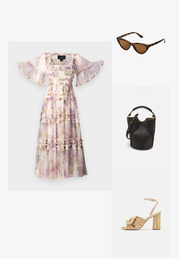 Needle & Thread WISTERIA FANTASY SMOCKED GOWN - Ballkleid - exclusive moonshine; Goldene Sandalen mit Absatz und geknoteter Vorderseite,„plissierter“ Textur und Knöchelriemen. Der Blockabsatz hat ein gerippte Design, das den Halt verbessert.; Katzenaugen-Sonnenbrille mit einem schwarz-orangenen Schildpattrahmen, braunen Gläsern und schlanken, spitzen Enden. Verfügt über ein minimalistisches Logo am Bügel.; Schwarze Leder-Eimerhandtasche mit strukturierter Oberfläche, goldenen Hardware-Akzenten und offenem Design. Verfügt über einen kurzen Griff und einen verstellbaren Schultergurt.