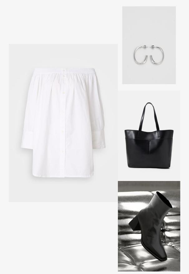 Biała bluzka na ramiączkach, z marszczonym dekoltem, z zapięciem na guziki i długimi bufkami; wykonana z lekkiej bawełnianej tkaniny.; Czarne botki za kostkę wykonane z błyszczącego materiału, z kwadratowym noskiem i zwężającym się obcasem, na tle błyszczącego srebrnego tapicerowanego tła.; Czarna skórzana torba na ramię z dwoma długimi uchwytami, gładką teksturą i sztywną formą. Posiada przednią kieszeń dla dodatkowego przechowywania.; Srebrne kolczyki na biglu o gładkim, błyszczącym wykończeniu. O zaokrąglonym kształcie, lekkim designie, z zamknięciem na zatrzask.