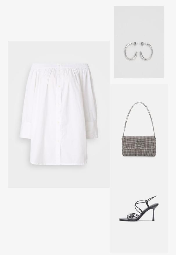 Valkoinen, olkapäiltä avattu paita, jossa on rypytetty pääntie, nappikiinnitys ja pitkät puff-hihat; valmistettu kevyestä puuvillakankaasta.; Mustat korkokengät sandaalit, joissa on ohuet hihnat solmittuna, sileä neliön muotoinen varvasosa ja tyylikäs stiletto-korko.; Vaalea harmaa metallinen käsilaukku, jossa on ketjusanka. Laukku on koristeltu pienillä pyöreillä metallikoruilla ja kolmion muotoisella brändilogolla.; Hopehopeet hopehopeet hopehopeet hopehopeet, jolla on sileä, kiiltävä pinta. Pyöreä muoto, kevyt rakenne, jossa on neulakiinnitys.