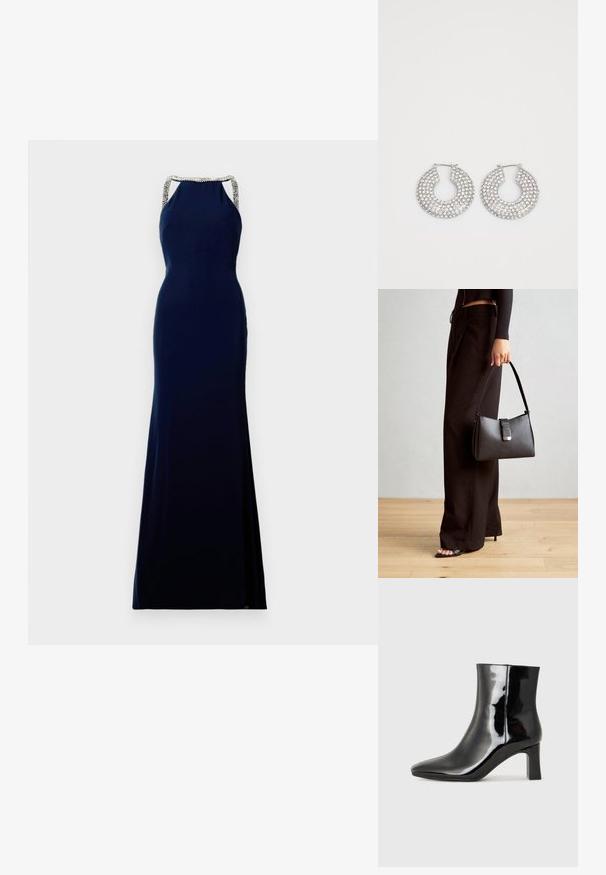 Tamnoplava haljina bez rukava s uskim krojem, koja ima perle na naramenicama i hem dugu do poda.; Crne lakirane kožne gležnjače s šiljastim prstom i srednje visokom blok petom. Glatka tekstura i minimalistički dizajn.; Crna torba s oblikom koji sadrži strukturu, glađu teksturu i metalnu kopču. Uparena s širokim crnim hlačama i sandalama na otvorenom s drvenog poda.; Srebrne kružne naušnice ukrašene brojnim čistim kristalnim detaljima, s teksturiranom površinom i otvorenim kružnim dizajnom.