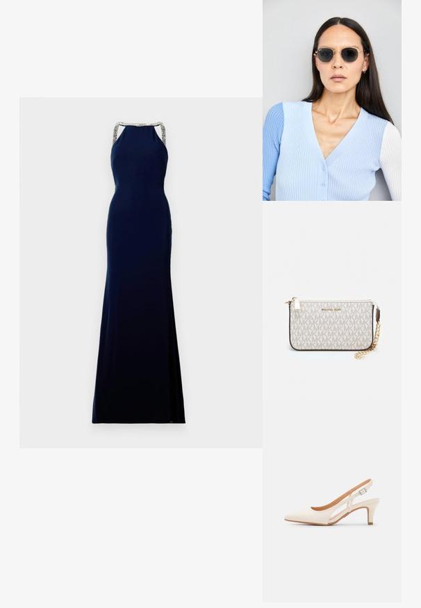 Abito senza maniche di colore blu navy con silhouette aderente, caratterizzato da dettagli di perline sulle spalline e orlo lungo fino al pavimento.; Slingback bianco con punta affusolata, materiale superiore liscio, tacco basso a blocco e design con ritagli laterali, dotato di cinturino regolabile con fibbia.; Occhiali da sole rotondi con lenti scure e montatura dorata. Il modello indossa un cardigan leggero azzurro a costine con bottoni e maniche bianche a contrasto.; Wristlet Michael Kors in tela rivestita beige con motivo a logo MK ripetuto, hardware dorato e tracolla a catena staccabile.