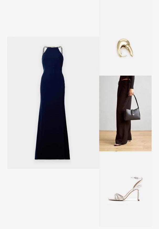Tengerészkék, ujjatlan ruha, amely szűk szabású, vállpántjain gyöngyös díszítéssel és padlóig érő szegéllyel rendelkezik.; Ezüst magas sarkú szandál, több pánttal, strasszkövekkel díszítve, nyitott orrú kialakítással és bokapánttal. Simább fémes felület.; Fekete kézi táska strukturált formával, sima textúrával és fémből készült záródással. Széles fekete nadrággal és nyitott orrú szandállal párosítva, fából készült padlón.; Aranyszínű fém fülbevaló, elegáns, ívelt formával. Különleges hegyes alak, fényes felszín és zsanéros záródás jellemzi.