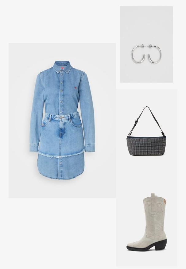 Vestido de denim azul claro con botones en la parte delantera, mangas largas y un dobladillo deshilachado, con una cintura ajustada y bolsillos laterales.; Bota vaquera blanca de ante con puntera afilada, costuras decorativas y un tacón bajo. Cuenta con una lengüeta en la parte superior para ponerse fácilmente.; Bolso de tela azul marino con un diseño texturizado de tachuelas plateadas, que cuenta con una sola correa ajustable negra y una forma rectangular.; Aros de plata en forma de aro con un acabado liso y brillante. Diseño redondeado y ligero, con cierre de tipo post-back.