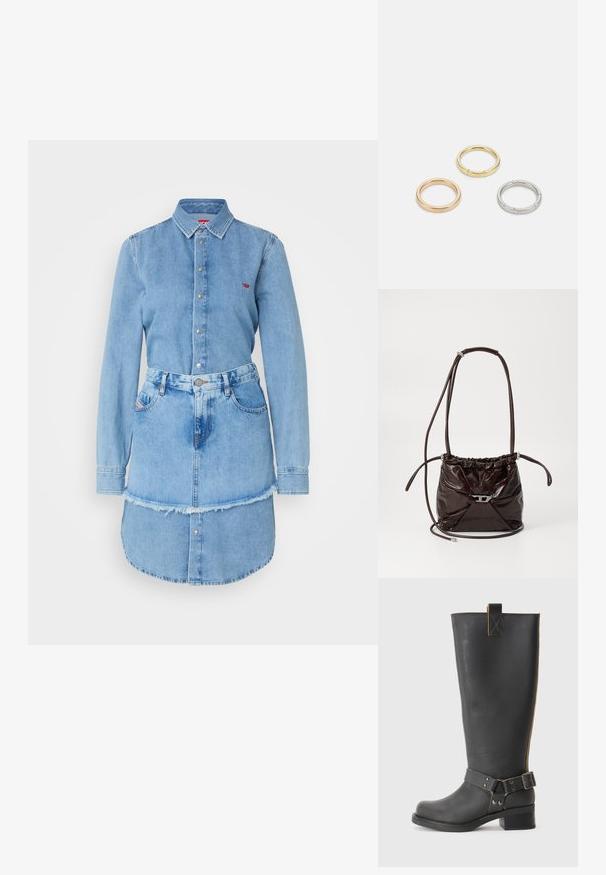 Svijetloplava traper haljina s dugim rukavima i dugmadi naprijed, raskošnog ruba, koja se ističe uskim strukom i bočnim džepovima.; Crne kožne čizme do koljena s teksturiranom završnom obradom, sa bočnim detaljem s kopčom i niskom petom. Detaljno šivanje duž šavova.; Tamnosmeđa sjajna kožna torba za rame s nabranim gornjim dijelom i tankim podesivim remenom, s malim detaljem kopče u srebrnoj boji na prednjoj strani.; Tri metalne prstenove: jedan od rose zlata, jedan od zlata s teksturiranim akcentima i jedan od srebra, svi s ugraviranim logotipom na unutarnjoj strani.