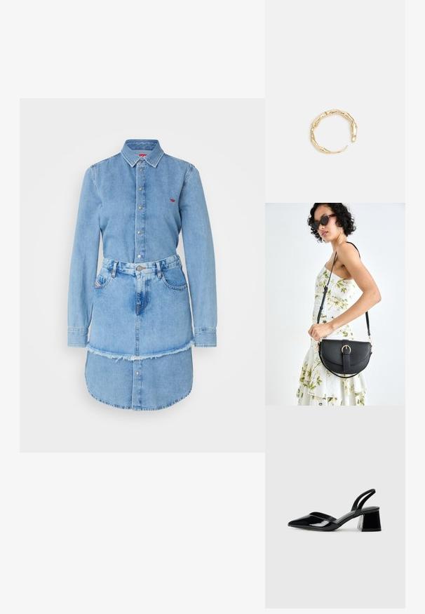 Svetlo modré džínsové šaty s predným zapínaním na gombíky, dlhými rukávmi a roztrhnutým lemom, s priliehavým pásom a bočnými vreckami.; Čierne lakované kožené sandálové podpätky s špicatou špičkou a geometrickým blokovým podpätkom. Disponujú elegantným, minimalistickým dizajnom a hladkým povrchom.; Čierna kožená kabelka s zaobleným tvarom, odnímateľným popruhom a zlatými doplnkami. Kabelka má klopu s detailom s prackou.; Prsteň v zlatej farbe s organickým, skrúteným dizajnom, hladkým povrchom a zužujúcimi sa koncami, vytvárajúci moderný, sochársky vzhľad.