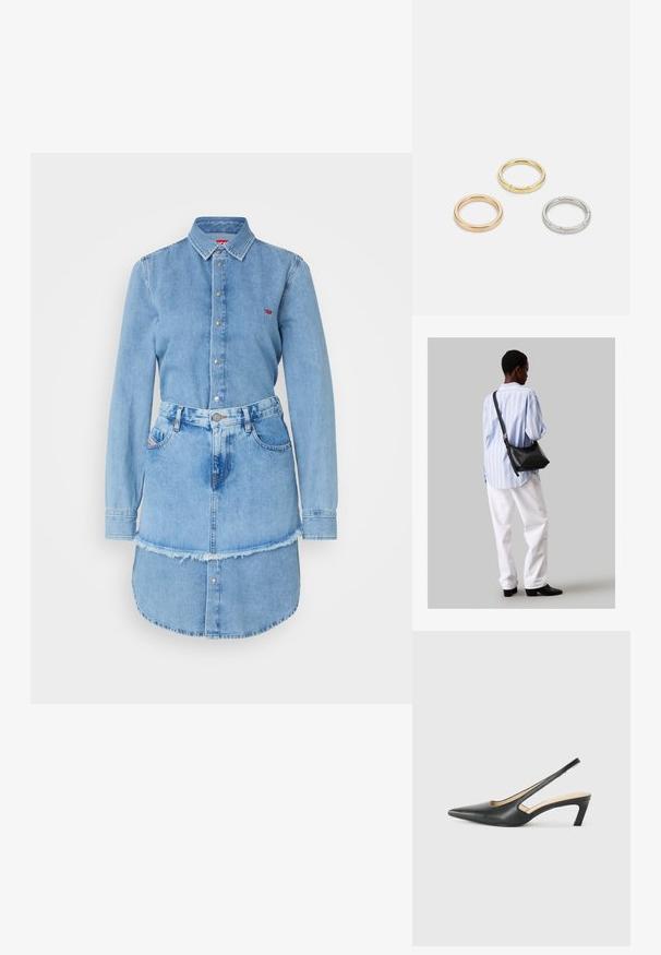 Vaaleansininen farkkumekko, jossa on nappikaulus, pitkät hihat ja repaleinen helma. Mekossa on istuva vyötärö ja sivutaskut.; Musta, kärjeltään terävä slingback-kengä, jossa on matala korko. Kengässä on sileä nahkamateriaali ja sivuilla leikkaukset hengittävyyttä varten.; Musta nahkainen olkalaukku, jossa on pehmeä rakenne, kolmion muoto ja säädettävä hihna, yhdistettynä vaaleansiniseen raidalliseen paitaan ja valkoisiin housuihin.; Kolme metallirengasta: yksi ruusukultainen, yksi kultainen teksturoiduilla yksityiskohdilla ja yksi hopeinen, kaikki kaiverretulla brändäyksellä sisäpuolella.