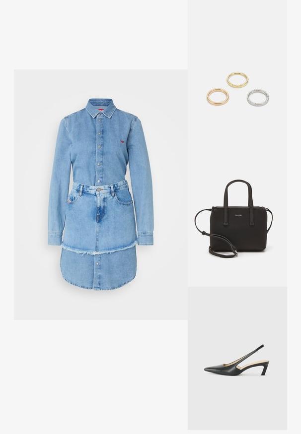 Světle modré džínové šaty s knoflíkovou přední částí, dlouhými rukávy a třepeným lemem, s vypasovaným pasem a bočními kapsami.; Černý špičatý slingback s nízkým podpatkem, vyrobený z hladké kůže, s výřezem na boku pro lepší prodyšnost.; Černá kabelka s dvojitými krátkými uchy a odnímatelným ramenním popruhem. Hladký koženkový materiál s uzávěrem na zip a detailem loga.; Tři kovové prsteny: jeden růžově zlatý, jeden zlatý s texturovanými detaily a jeden stříbrný, všechny s vyrytým brandingem na vnitřním boku.