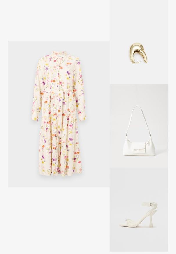 Blomstrete kjole med lange ermer, krage, knappet foran og lagdelt skjørt. Stoffet har et pastellblomstermønster på en kremfarget bakgrunn.; Høyhælte sandaler med stropp i hvitt lær, med et stilrent design, gjennomsiktig blokkhæl og et dekorativt element ved tåen.; Hvit syntetisk håndveske med trekantet form, flat klaff foran og sløyfe detaljer, justerbar stropp, glatt tekstur og minimalistisk design.; Gullfarget metalløredobber med et elegant, buet design. Har en karakteristisk spiss form, polert overflate og hengsel-lukking.