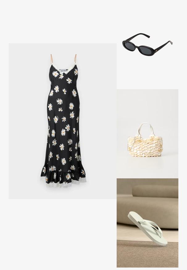 Črna cvetna obleka z belimi margaretami, čipkastim robom in nabranim robom. Ima tanke spageti naramnice in gladko satensko teksturo.; Svetlo zelene gumijaste japonke s teksturirano podlago za stopala in tankimi trakovi, dvignjene nad mehkim ozadjem nevtralne barve.; Črne oversize sončne očala z ovalnimi lečami, gladkim plastičnim okvirjem in zlatenimi detajli na templjih. Temne leče zagotavljajo zaščito pred soncem.; Bela torbica z teksturiranimi, valovitimi okrasnimi elementi, ki spominjajo na školjke. Ima pleteno ročaj in srebrno verižico za prilagodljivost.