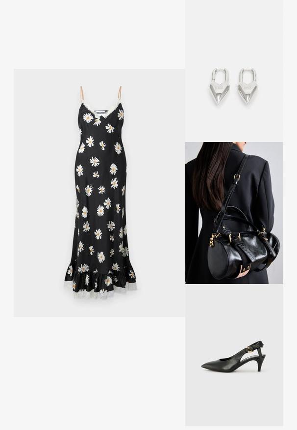 Sort blomsterkjole med hvide tusindfryd, blondekant og rynket søm. Har tynde spaghettistropper og en glat satinlignende tekstur.; Sorte læderslingback pumps med spids tå, lille hæl og en spænde detalje på ankelremmen. Glat tekstur, minimalistisk design.; Sort lædertaske med rund form, der har guldfarvet hardware og justerbare stropper. Detaljer i struktureret sort læder og beige accent.; Sølv hjerteformede hængelåse med indgraveret "JA" og "NEJ" tekst, poleret finish, symmetrisk design og en robust metalklap.