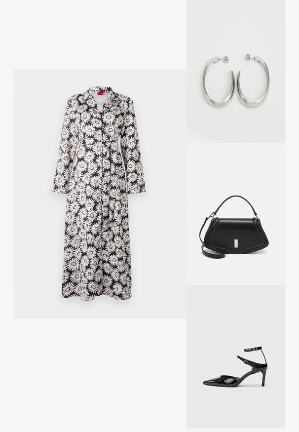 Mustika mustriga pikk rokk musta värvi, valgete karikakardega ja oranžide aktsentidega, pikki varrukatega, krae ja sidumisvööga. Sile kangastekstuuri.; Mustad nahast mustad kontsad terava ninaga, reguleeritavate pahkluu rihmade ja õhukese kontsaga. Sile tekstuur läikiva viimistlusega.; Must mustrist käekott, millel on struktureeritud disain, lühendatud kuju, ülemine käepide ja kuldne metallist detail. Reguleeritav õlalihm on kaasas.; Hõbe rõngas kõrvarõngad, millel on sujuv ja kõver kuju. Omab läikivat metallist viimistlust ja nupuga sulgemist. Pole nähtavaid mustreid ega aksessuaare.