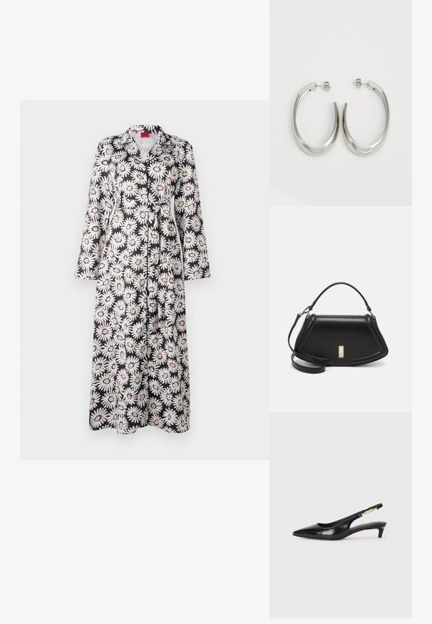 Lang blomstret kappe i sort med hvite prydblomster og oransje detaljer, med lange ermer, krage og korsettliv. Glatt stoffoverflate.; Sorte lærreim hæler med spiss tå, som har en slank hæl og en gullfarget detalj på den justerbare stroppen. Glatt tekstur.; Sort lærveske med en strukturert design, som har en avkortet form, topphåndtak og detaljer i gull. Justerbar skulderstropp inkludert.; Sølvøreringer med en jevn, buet design. Har en blank metallisk finish og en studlås. Ingen synlige mønstre eller aksenter.