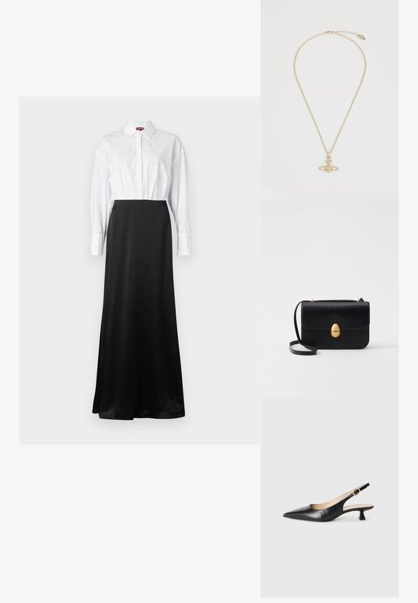 Bílá košile s dlouhými rukávy spárovaná s černou saténovou maxi sukni, čímž vzniká dvoubarevný, vrstvený design.; Černé kožené lodičky na malém podpatku s špičatou špičkou a zlatou sponou na bočním pásku, na bílém pozadí.; Černá kožená kabelka se strukturovaným obdélníkovým tvarem. Obsahuje zlatou oválnou sponu a tenký ramenní popruh. Hladký povrch.; Vivienne Westwood MAYFAIR BAS RELIEF PENDANT - Náhrdelník - gold-coloured