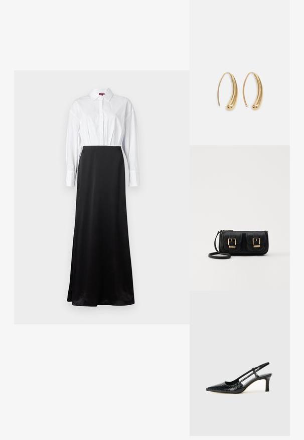 Biała koszula z długimi rękawami, zestawiona z czarną satynową spódnicą maxi, tworząca dwukolorowy, warstwowy design.; Czarne lakierowane czółenka na obcasie typu slingback z wąskim noskiem, z teksturowanym wzorem wężowym, regulowanym paskiem oraz krótkim, teksturowanym obcasem w kształcie słupka.; Czarna skórzana torba na ramię z dwoma przednimi kieszeniami, złotymi klamrami, zamkiem błyskawicznym i cienkim paskiem. Teksturowana powierzchnia i kompaktowy prostokątny kształt.; Złote metalowe kolczyki w kształcie obręczy o zakrzywionym, wydłużonym kształcie. Posiadają gładką, błyszczącą powierzchnię oraz zaokrąglony koniec dla dodatkowego efektu.
