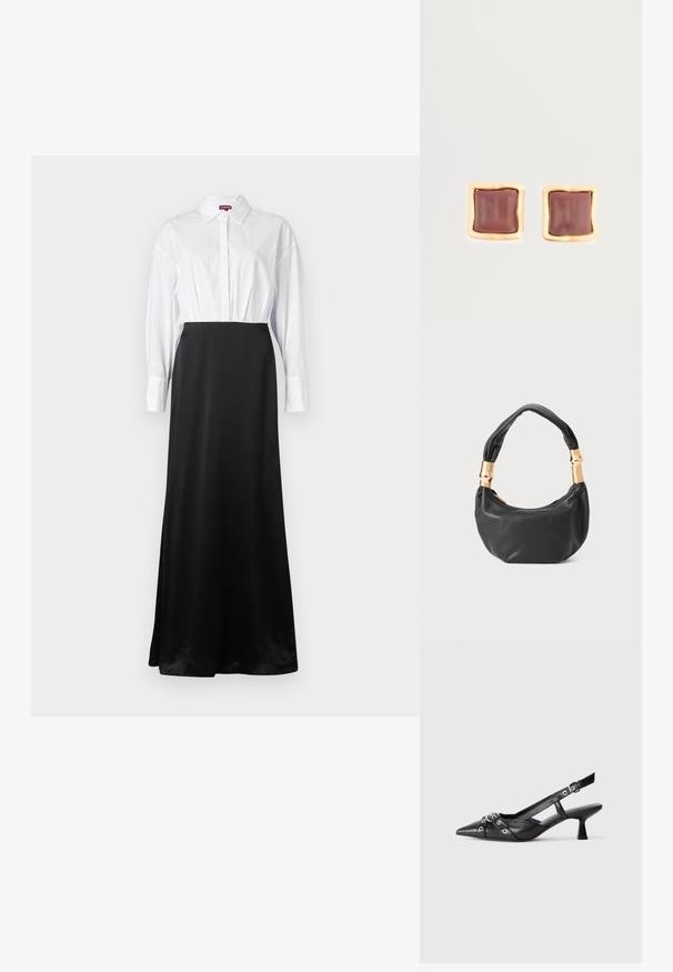 Balti marškiniai su ilgomis rankovėmis, derinami su juoda satino maksi sijonu, sukuriant dviejų tonų sluoksniuotą dizainą.; Juodas odinis slingback tipo batai su smailiu priekiniu atvartu, dekoratyvinėmis sagtimis su metaliniais akyčiais ir žemu blokiniu kulnu. Saldus paviršius.; Juodas odinis rankinukas apvalios formos, minkštos tekstūros su susietu rankena ir auksinės spalvos detalėmis. Užtrauktuko uždarymas.; Kampinės auskarų studai su giliu bordo centru ir auksinės spalvos tekstūruotu rėmu. Lygus paviršius su suapvalintais kraštais.