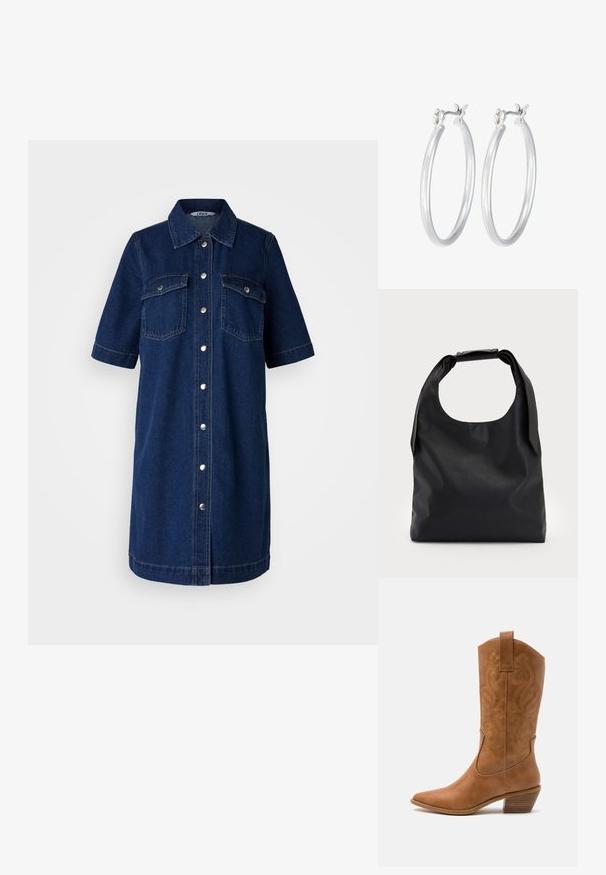 Jeansowa sukienka w ciemnoniebieskim kolorze, z krótkimi rękawami, zapinana na guziki z przodu, z dwiema kieszonkami na klatce piersiowej i srebrnymi akcentami.; Brązowe skórzane kowbojki z wyciągniętym nosem, haftowanymi wzorami spiralnymi na cholewie oraz blokowym obcasem. Posiadają pętlę ułatwiającą zakładanie.; Czarna skórzana torebka z dużym, otwartym górnym otworem i pojedynczym paskiem na ramię. Miękka tekstura, minimalistyczny design, subtelne akcenty z metalu.; Srebrne kolczyki w formie kółek o gładkim, polerowanym wykończeniu. O okrągłym kształcie i pewnym zapięciu na klik. Lekka konstrukcja odpowiednia do codziennego noszenia.