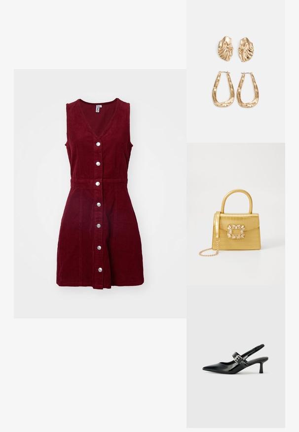 ONLY ONLMOXIE DRESS - Kasdienė suknelė - cabernet; Juodai lakuoti slingback aukštakulniai su smailiu kojų pirštu ir mažais blokiniais kulniukais, su sidabro sagtimi ant dirželio.; Geltonas dirbtinės krokodilo odos rankinukas su standžiu dizainu, viršutine rankena, nuimamu grandininiu dirželiu ir dekoratyviniu krištolo papuošimu ant užsegimo.; Auksinės auskarai, turintys tekstūruotus, bangų formos elementus. Įeina skulptūriniai segami auskarai ir atviri lankai su išmuštu paviršiumi.