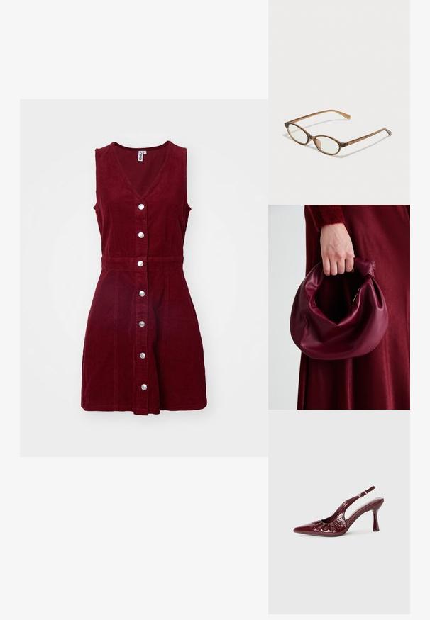 ONLY ONLMOXIE DRESS - Dienas kleita - cabernet; Burgundijas lakota āda slingback papēži ar norādītu pirkstu un sakulšanas detaļām, ar plānu papēdi un regulējamu potītes siksnu.; Brūnas bruņurupuču čuguna brilles ar ovālām lēcām, plānām kājām un caurspīdīgām akcentiem. Uz tempļa ir smalka logo. Sleek, viegla konstrukcija.; Burgundijas ādas rokassoma ar mīkstu, sakrautu dizainu un apaļu formu. Rokturi ir nostiprināti, parādot gludu tekstūru.