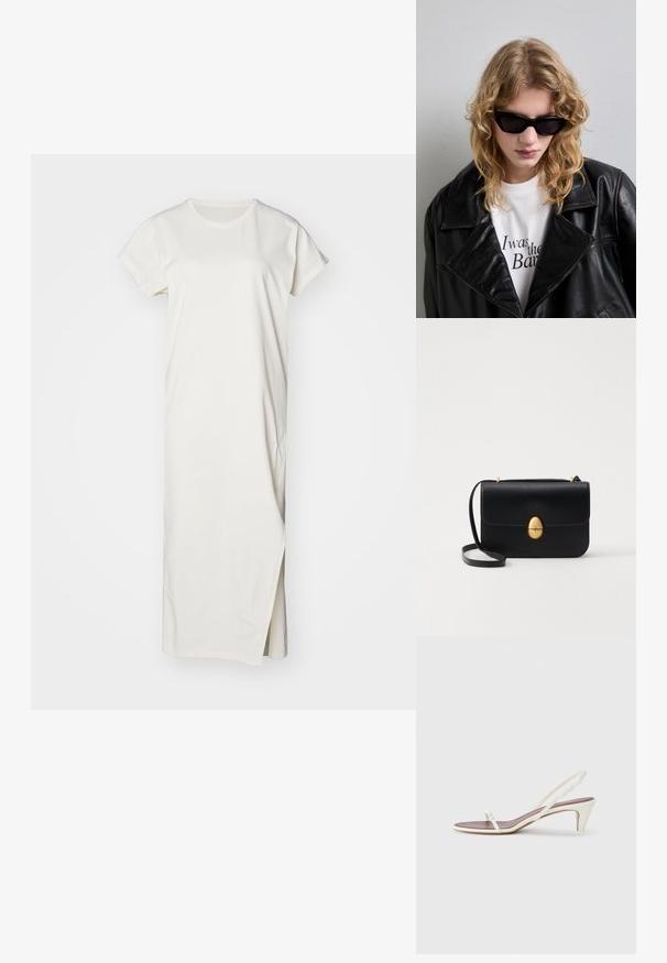 Valge, lühikeste varrukatega puuvillane kleit, millel on sirge siluett ja külgsisselõige mugavaks liikumiseks. Sile tekstuur.; Valged slingback sandaalid kergelt kontsaga, õhukeste rihmade ja sileda nahatekstuuriga; sisaldavad väikest dekoratiivset pandlat.; Musta prillid, millel on stiilne ja nurgeline disain. Mudel kannab musta nahktagi valge särgi kohal, millel on trükitud tekst, neutraalses taustas.; Must kase nahast käekott, millel on struktureeritud ristkülikukujuline kuju. Omab kuldset ovaalset lukku ja õhukest õlavarre rihma. Sile tekstuur.