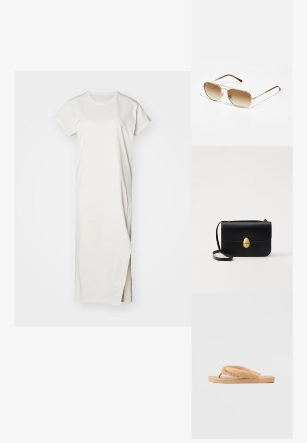 Valge, lühikeste varrukatega puuvillane kleit, millel on sirge siluett ja külgsisselõige mugavaks liikumiseks. Sile tekstuur.; Kohvitsaga plätud faux karvrihmaga, tekstureeritud kummitald ja vormitud jalalaba. Rihmal on dekoratiivne kuldne aksessuaar.; Kuldsetest aviator-prillidest koosneb hallitustest pruunidest objektiividest, metallraamist ja pruunidest plastkatteotstest. Sile tekstuur, minimaalsed detailid.; Must kase nahast käekott, millel on struktureeritud ristkülikukujuline kuju. Omab kuldset ovaalset lukku ja õhukest õlavarre rihma. Sile tekstuur.