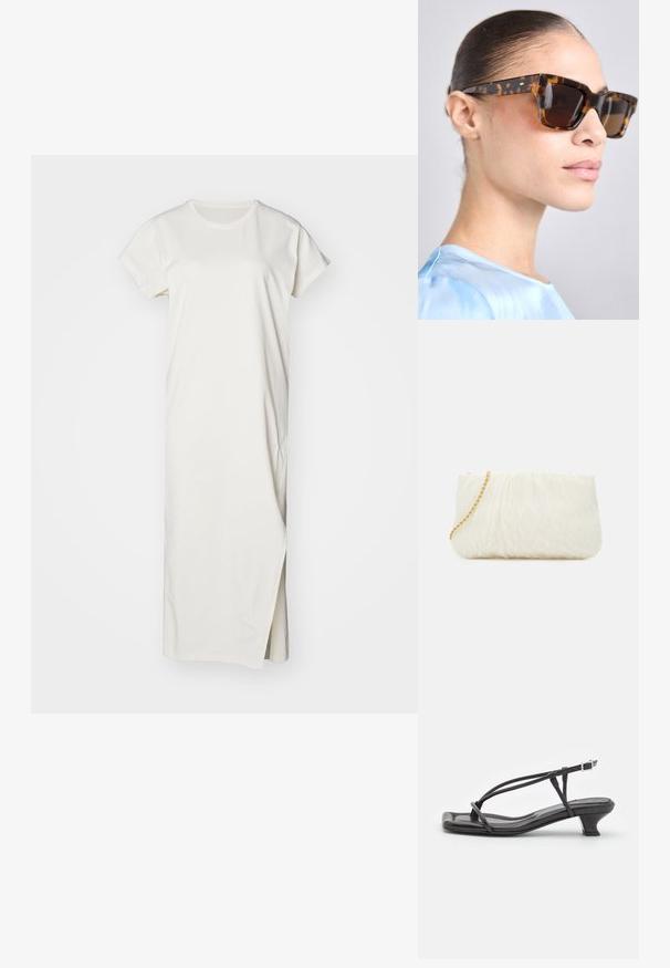 Valge, lühikeste varrukatega puuvillane kleit, millel on sirge siluett ja külgsisselõige mugavaks liikumiseks. Sile tekstuur.; Must must sandaalid, millel on õhukesed rihmad, madal plokknina ja ruudukujuline varvas. Omab kinnitust nahkel ja sile pind.; Kilpkonnakoore prillid, millel on paks, ristkülikukujuline raam. Tumedad objektiivid ja kuldtooni aktsendid templitel. Sujuv, läikiv viimistlus.; Valge tekstuuriga käekotike, millel on volditud disain ja kuldne ahel. Sile viimistlus peente lainetega ja ümarate servadega.; Hõbedased pärli kõrvarõngad, millel on kumer oas kuju. Sile, läikiv pind, kinnitatud postiga ja tagumise sulguri abil.