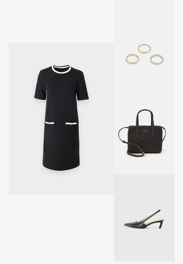 Czarna sukienka do kolan z okrągłym dekoltem, krótkimi rękawami, dwiema przednimi kieszeniami z białymi i złotymi detalami oraz gładką fakturą materiału.; Czarny but na obcasie typu slingback z ostro zakończonym noskiem, z niskim obcasem, wykonany z gładkiej skóry, z wycięciem po boku dla lepszej wentylacji.; Czarna torebka z dwoma krótkimi uchwytami i odpinanym paskiem na ramię. Gładki materiał przypominający skórę, z zamkiem błyskawicznym i detalem z logo.; Trzy metalowe pierścienie: jeden w różowym złocie, jeden złoty z teksturowanymi akcentami, oraz jeden srebrny, wszystkie z wygrawerowanym brandingiem na wewnętrznej stronie.