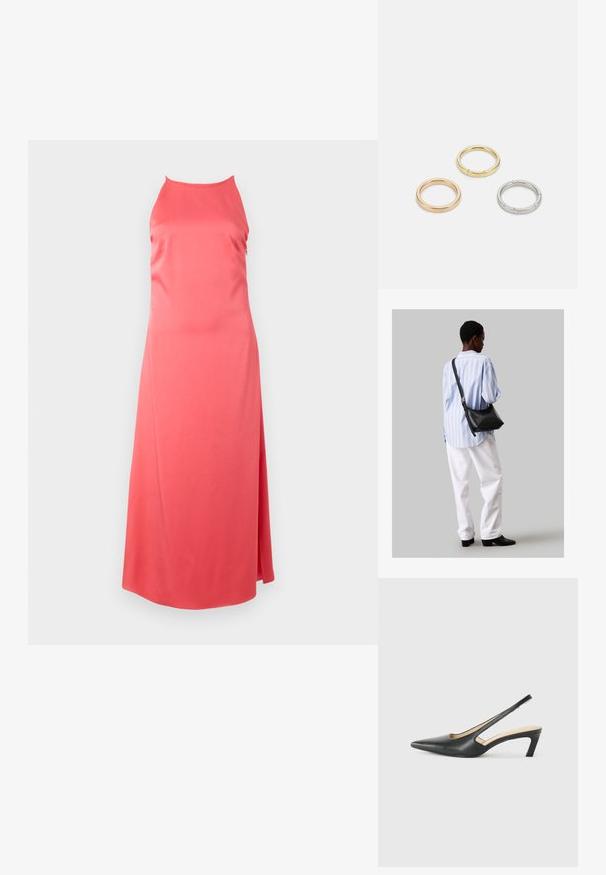 Φόρεμα κοραλί με ομαλή, σατέν υφή, χωρίς μανίκια και άνοιγμα στο πλάι για μια ρευστή σιλουέτα. Απλή, μοντέρνα γραμμή.; Μαύρο παπούτσι slingback με αιχμηρή μύτη και χαμηλό τακούνι, κατασκευασμένο από λείο δέρμα με σχέδιο κοπής στη πλευρά για αερισμό.; Μαύρη δερμάτινη τσάντα ώμου με απαλή υφή, τριγωνικό σχήμα και ρυθμιζόμενο λουρί, συνδυασμένη με ένα ανοιχτό μπλε ριγέ πουκάμισο και λευκό παντελόνι.; Τρία μεταλλικά δαχτυλίδια: ένα ροζ χρυσό, ένα χρυσό με υφές και ένα ασημένιο, όλα με εγχαραγμένο λογότυπο στην εσωτερική πλευρά.